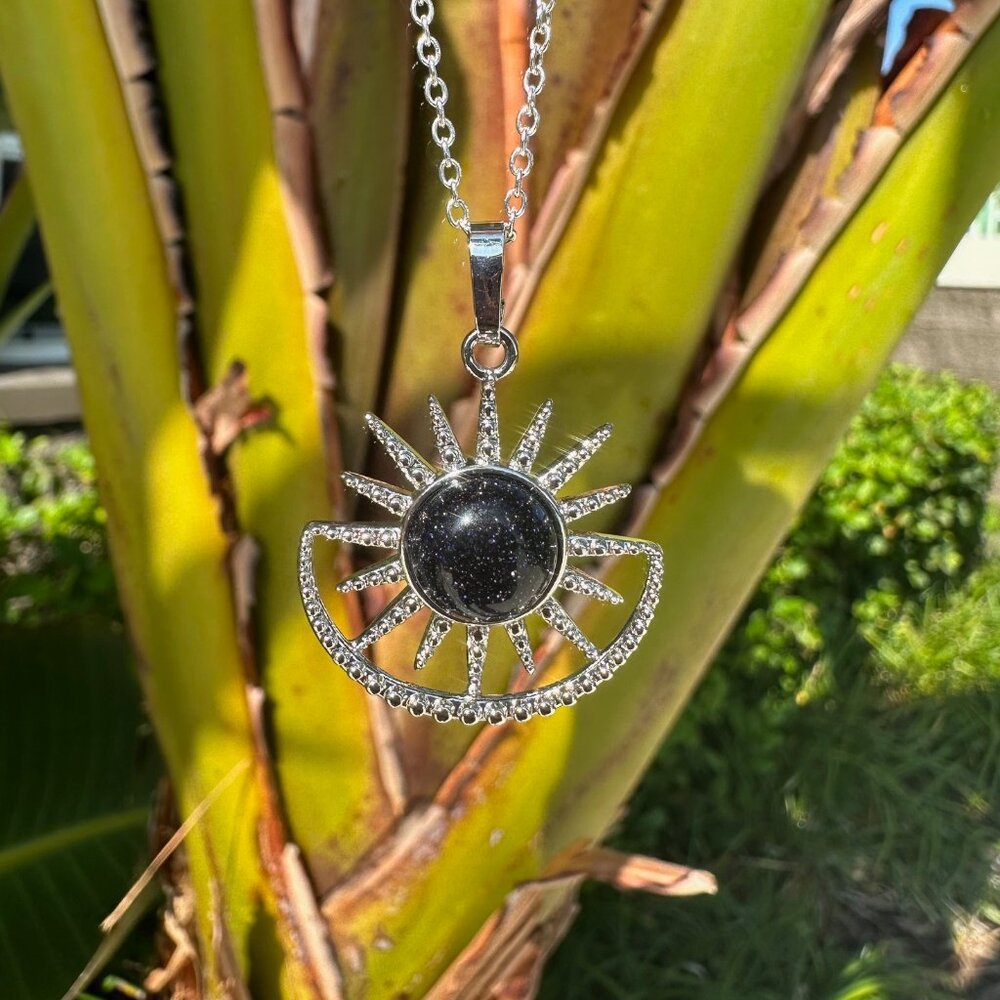 NEW Blue Goldstone Sun Moon Pendant Necklace
